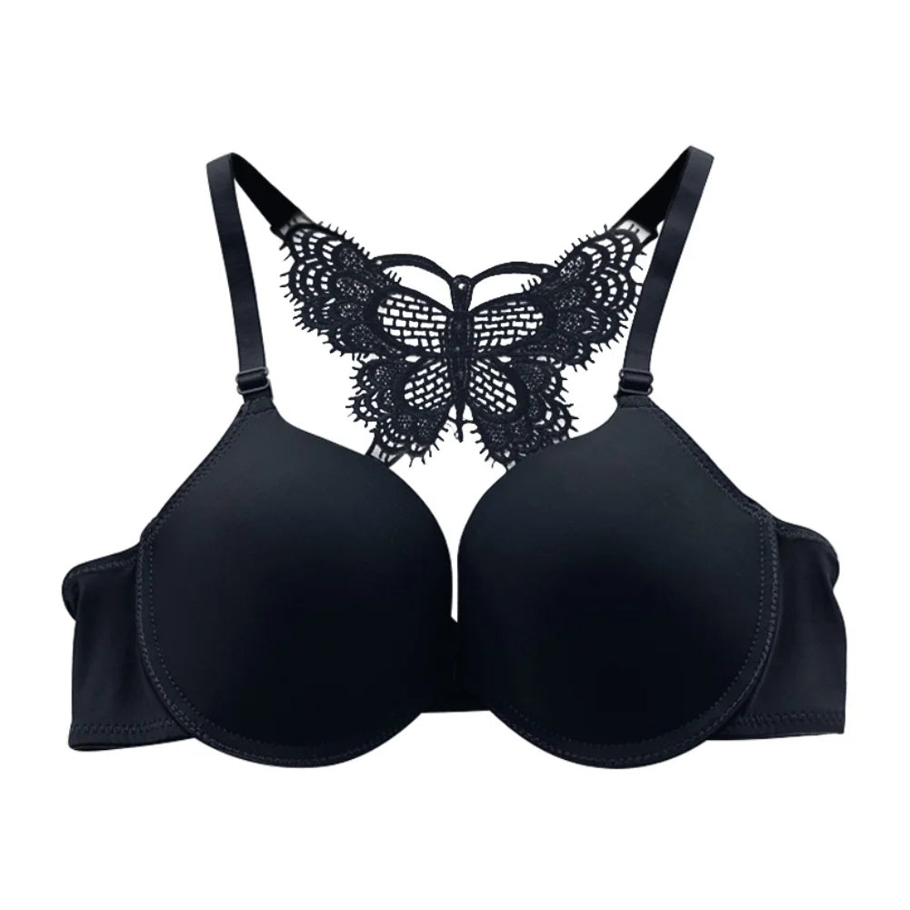 Lady Sexy Front Closure Push Up Solid Bras Y-Line-Straps Lace Butterfly Back Beauty Padded Bras Black