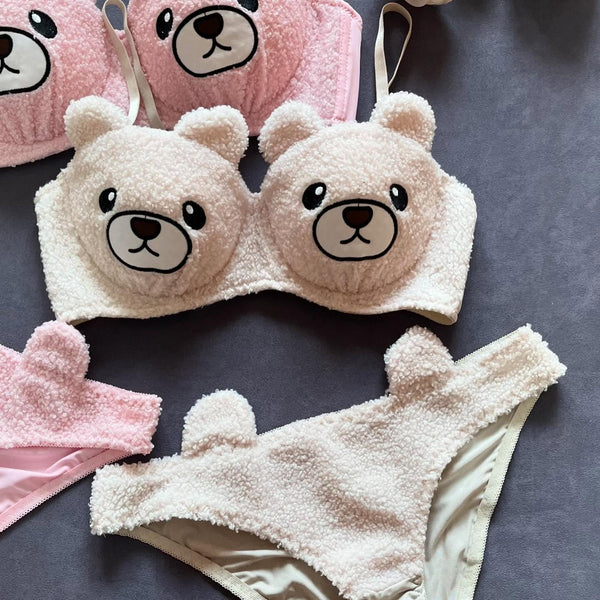 New High Quality Sexy Cute Bear Anime Soft Plush Design Bra & Panty Set Hot Pink 0888