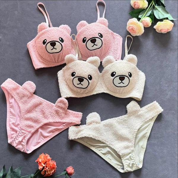 New High Quality Sexy Cute Bear Anime Soft Plush Design Bra & Panty Set Grey 0888