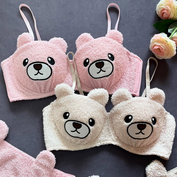 New High Quality Sexy Cute Bear Anime Soft Plush Design Bra & Panty Set Hot Pink 0888
