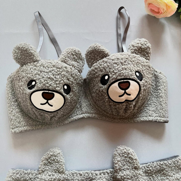 New High Quality Sexy Cute Bear Anime Soft Plush Design Bra & Panty Set Hot Pink 0888
