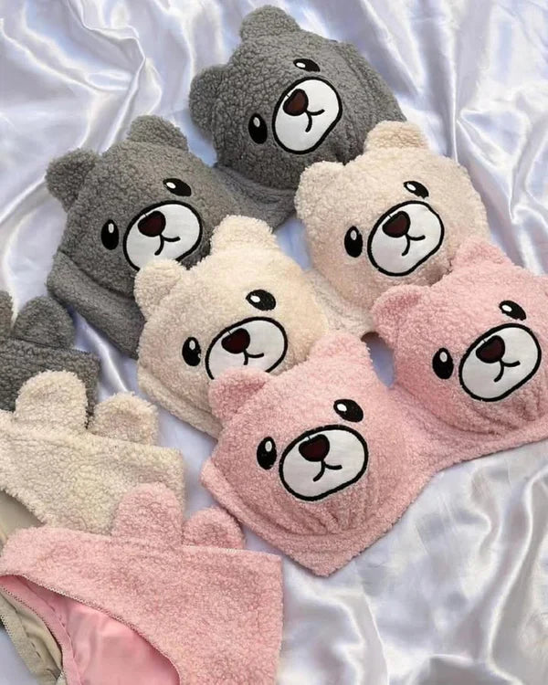 New High Quality Sexy Cute Bear Anime Soft Plush Design Bra & Panty Set Hot Pink 0888