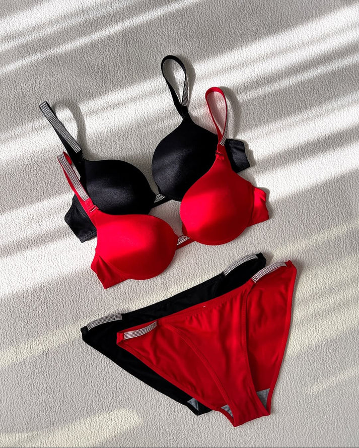 High Quality New Style Wired Rhinestone Straps Back Hook Adjustable Straps Bra & Panty Set Black E9191