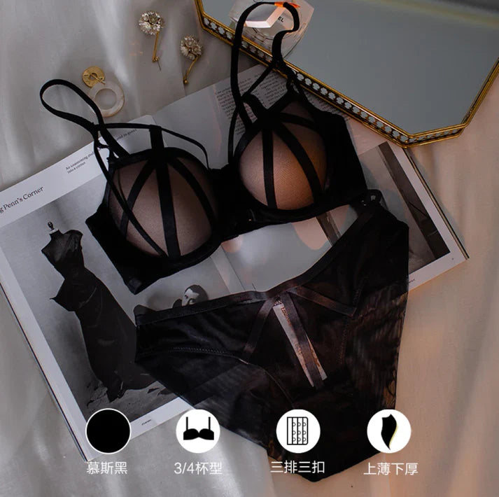 Sexy Front Cross Strips Padded Wired Bra & Panty 0001 Black