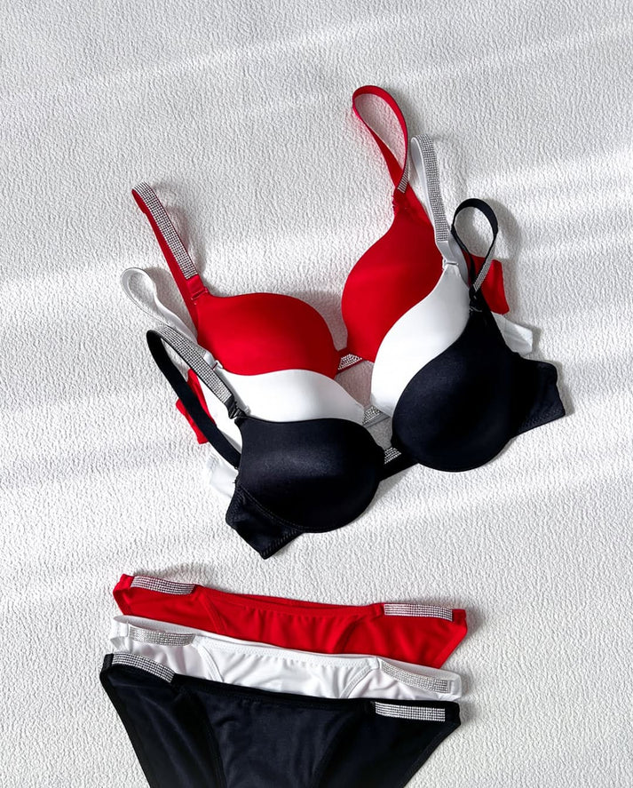 High Quality New Style Wired Rhinestone Straps Back Hook Adjustable Straps Bra & Panty Set White E9191