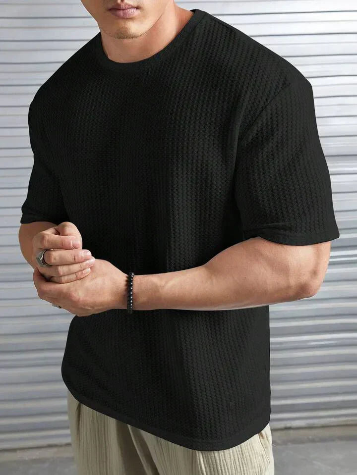 OVER-SIZED WAFFLE KNIT TEE - BLACK
