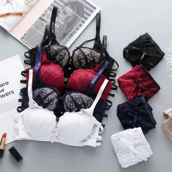 Flourish Push Up Padded Lace Bra And Panty Set Back Closure Seamless Lingerie Set Red 1801