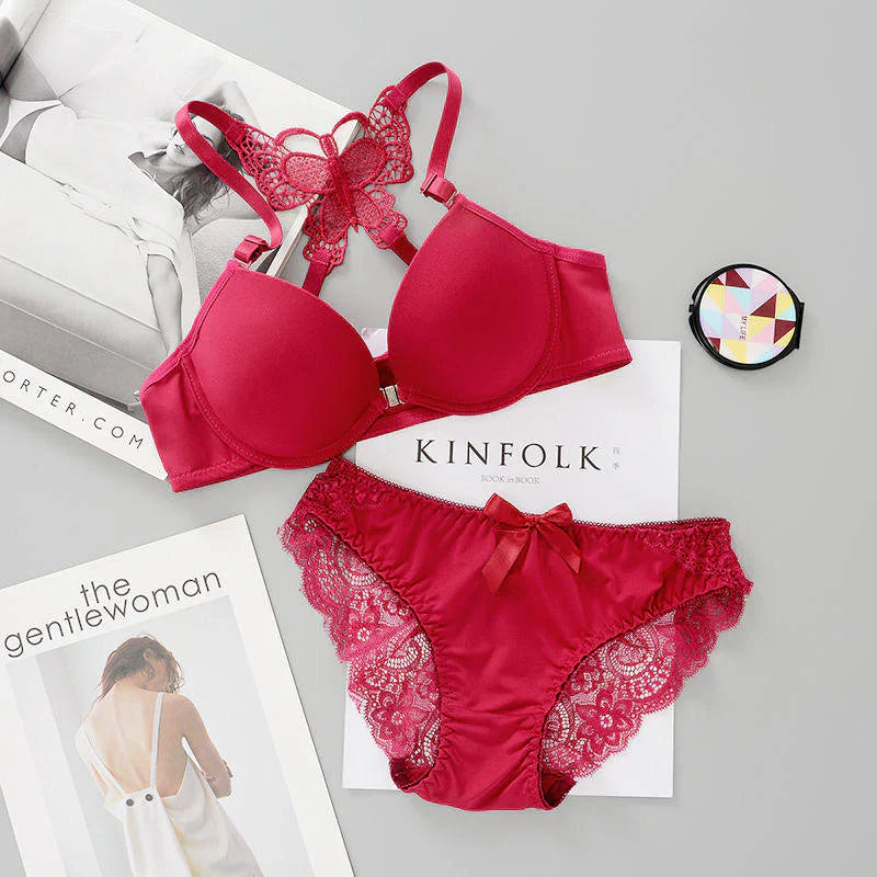 Front Open Butterfly Back Push-Up Bra Set - Maroon