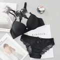 Front Open Butterfly Back Push-Up Bra Set - Black