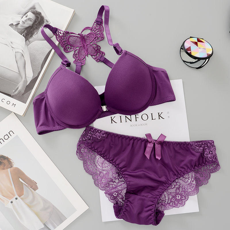 Front Open Butterfly Back Push-Up Bra Set - Purple
