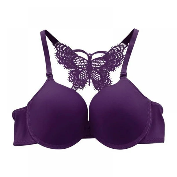 Lady Sexy Front Closure Push Up Solid Bras Y-Line-Straps Lace Butterfly Back Beauty Padded Bras Purple
