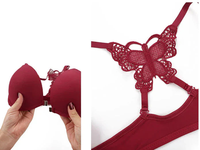 Front Open Butterfly Back Push-Up Bra Set - Maroon